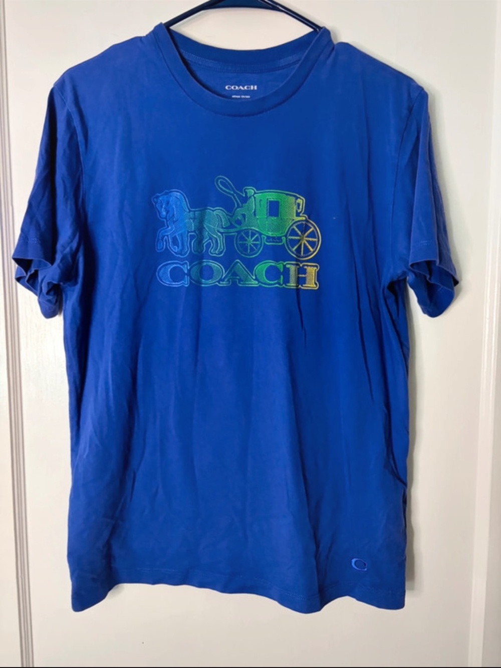 Coach Royal Blue Short Sleeve Tee with Multicolor Horse & Carriage Logo